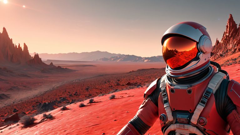 abandoned astronaut helmet desolate alien landscape scaled