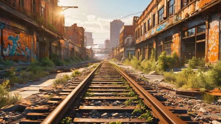 Abandoned cityscape desktop wallpaper featuring a rusty train track, graffiti-covered walls and overgrown vegetation on Desktop/PC