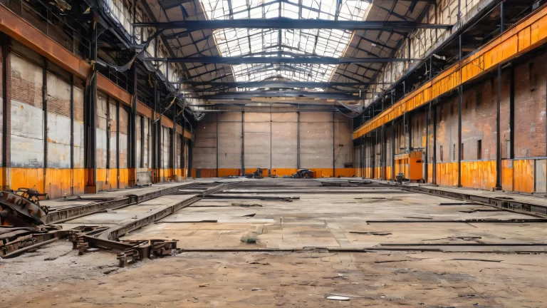 A 4K desktop wallpaper of an abandoned engineering workshop with crumbling walls and dusty tools. Suitable for Desktop/PC.