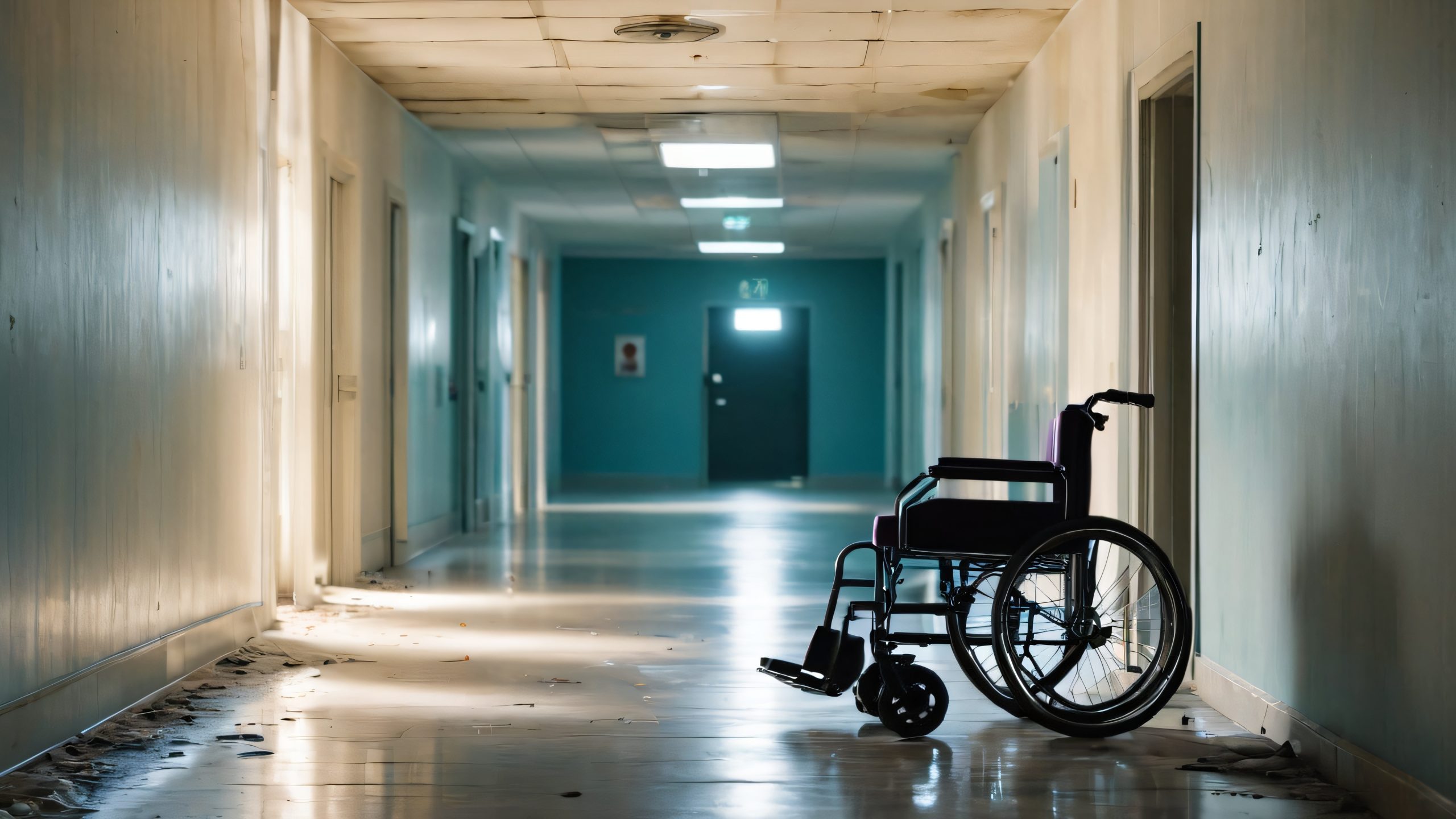 Abandoned Hospital Corridor 4K UHD Widescreen An abandoned hospital corridor with a wheelchair and decaying walls.