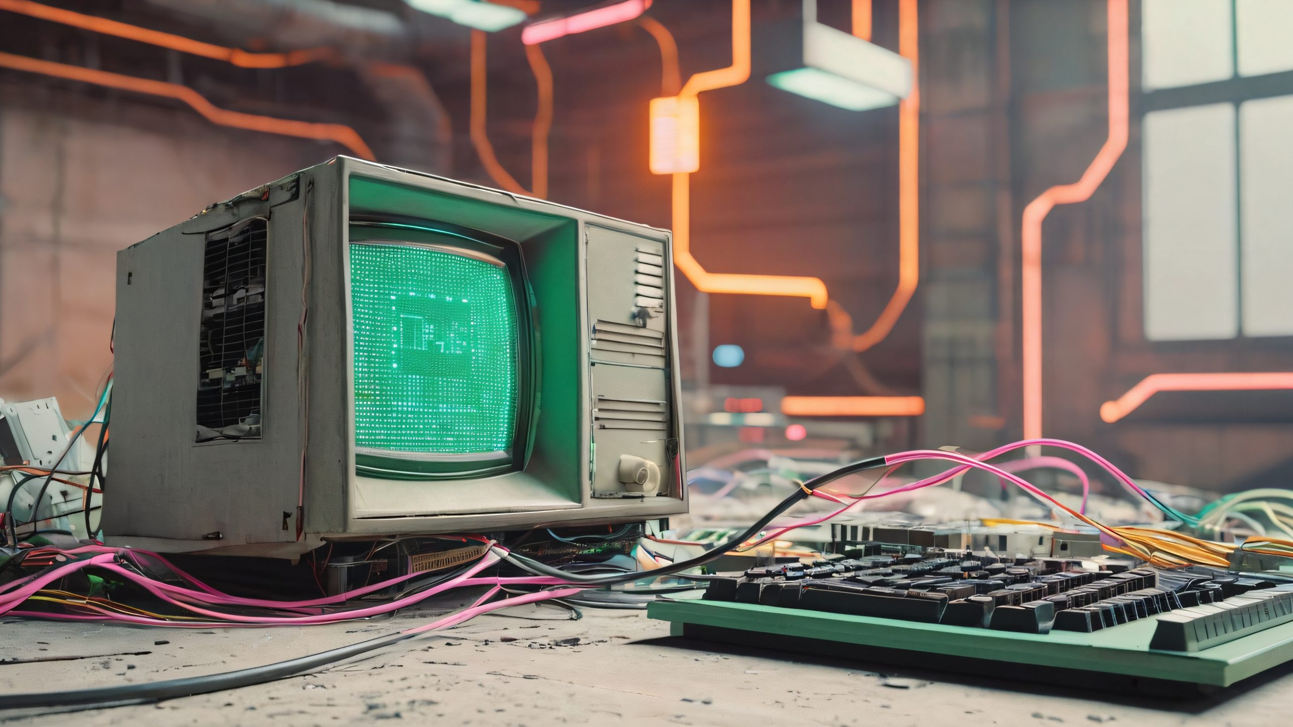 Vintage computer motherboard with exposed wires and a flickering LED screen, partially covered in torn paper and punch cards, on a dimly lit abandoned desktop or PC