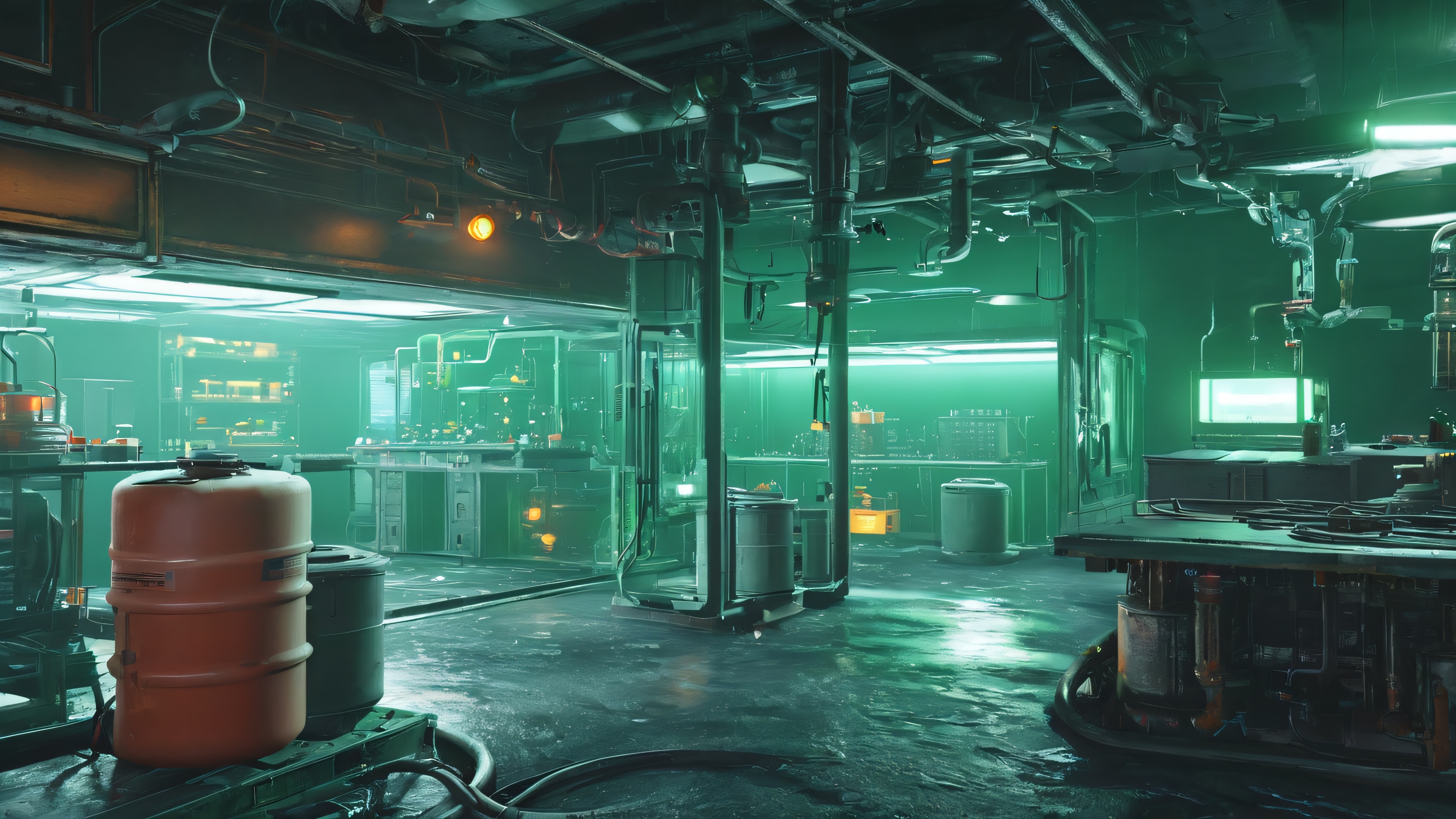 A dark and eerie laboratory scene with Chris Redfield standing amidst the chaos, armed with a shotgun, surrounded by machinery and biohazardous waste containers.