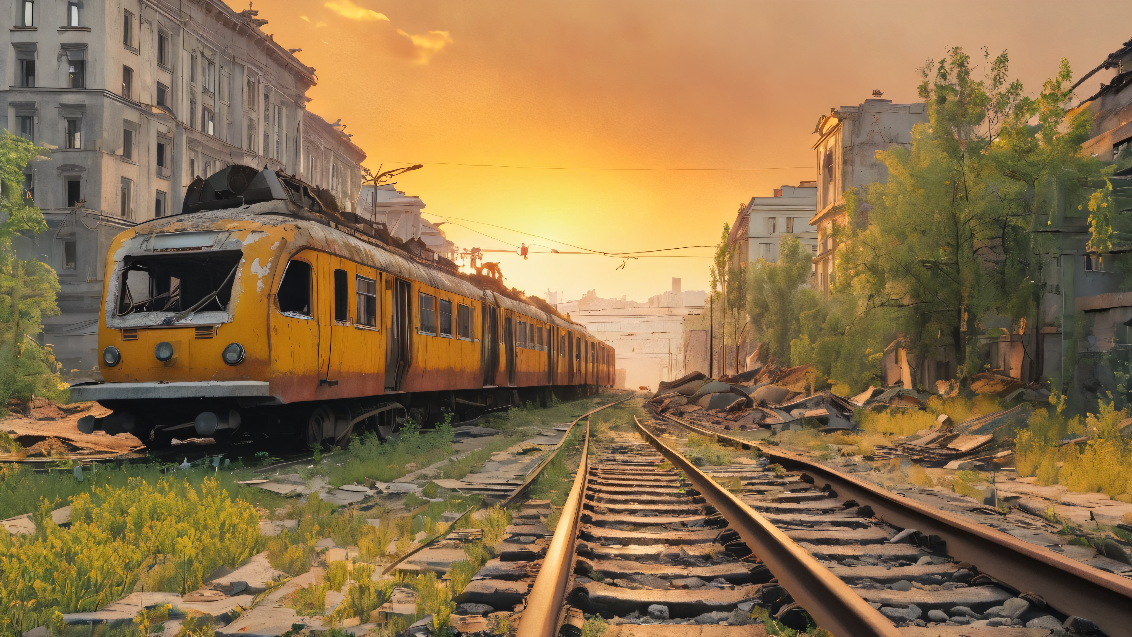 Abandoned Moscow metro train in a post-apocalyptic cityscape, heavily damaged and reclaimed by nature