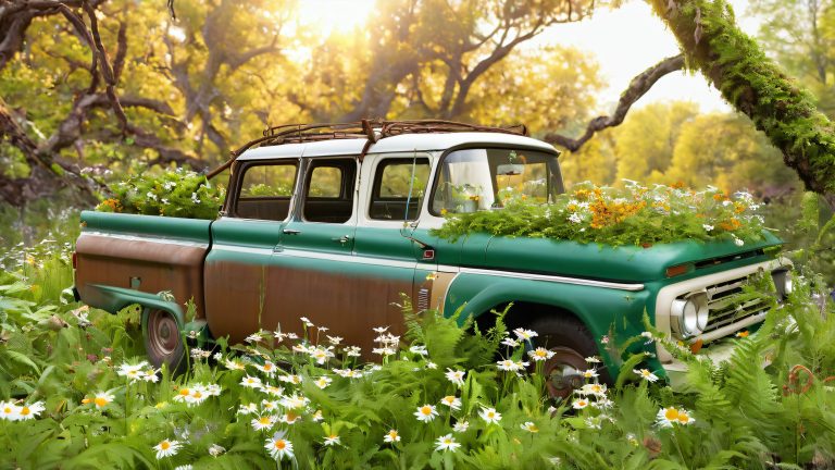 abandoned pickup truck reclaiming wilderness 4k wallpaper scaled