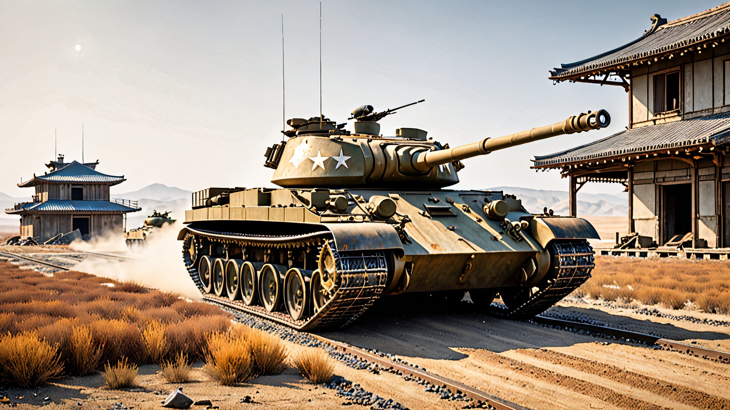 Abandoned Ruins Dawn 4K Desktop Wallpaper A post-apocalyptic landscape featuring an Imperial Japanese Army Type 97 Chi-Ha medium tank on a dusty, barren wasteland with abandoned buildings and military equipment. Desktop/PC wallpaper.