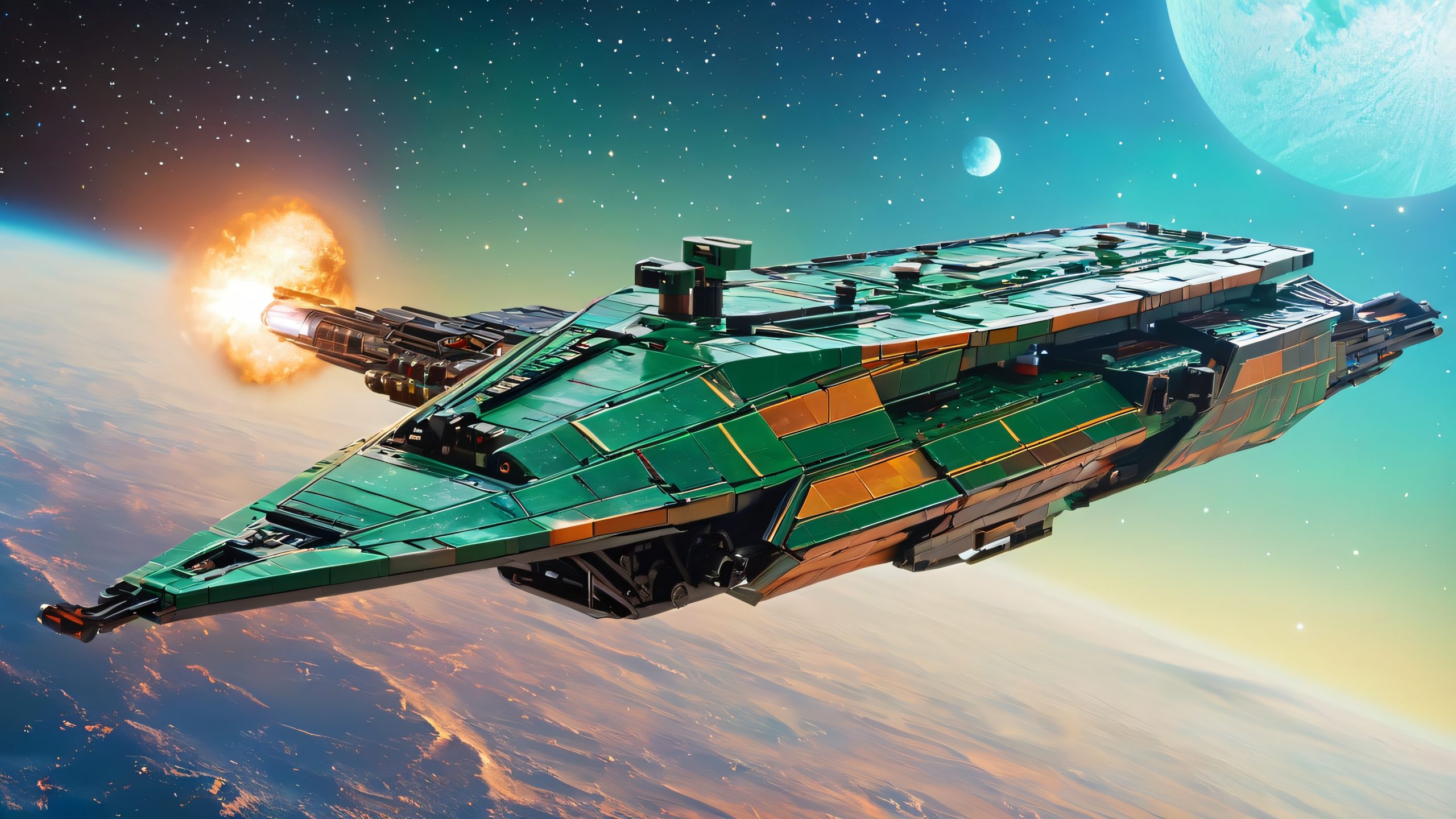 Abandoned Galaga spacecraft on a dark space background, with battle scars, duct tape, and Lego bricks. Suitable for desktop/PC.