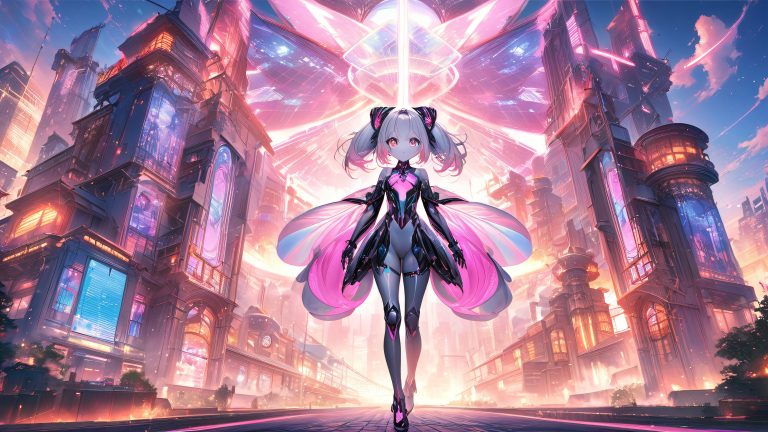 adorable robot girl katanas cityscape wallpaper scaled