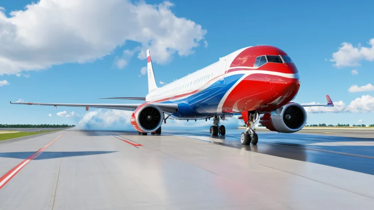 A photorealistic daytime scene of aircraft on a runway with vivid red and blue hues.