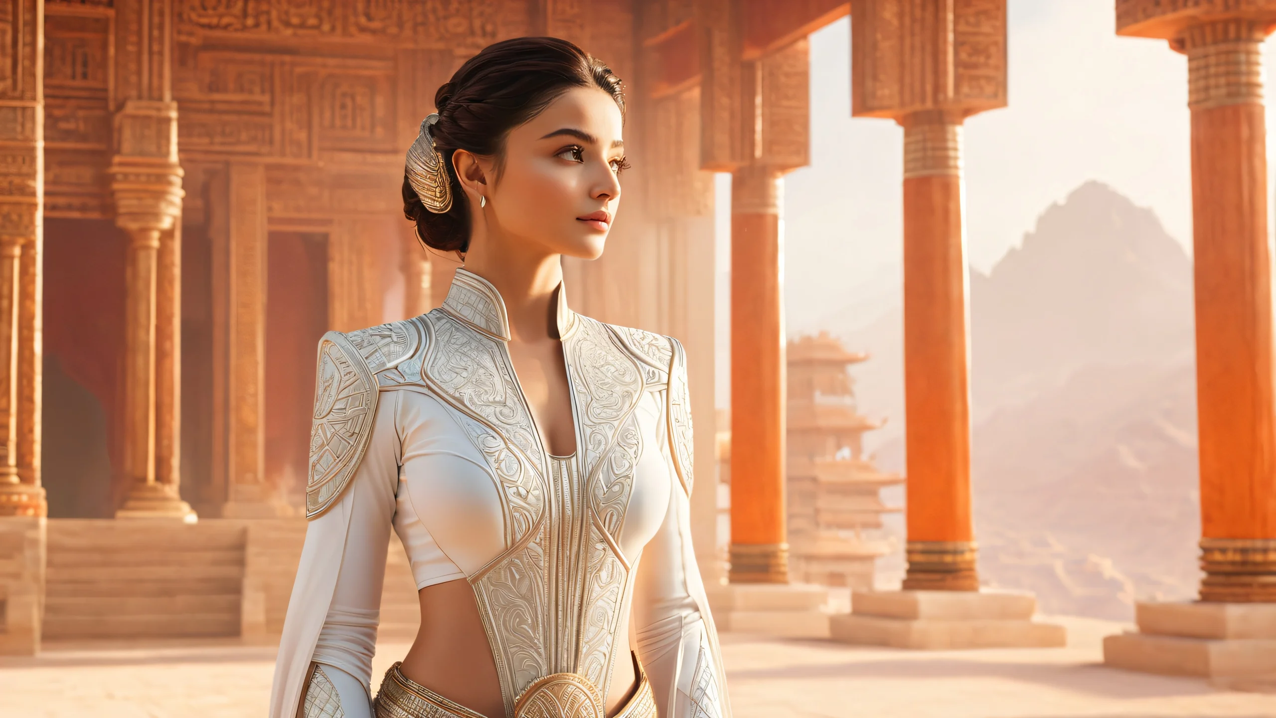 Ultra HD Alia's Dune Sanctuary Wallpaper A high-resolution image of Alia Atreides standing in front of a realistic temple, set against a bright and open desert landscape with white and earth tones.
