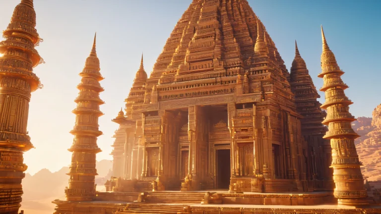 Alia Atreides stands at the entrance of a majestic temple in the fading light of day, surrounded by the serene atmosphere of Arrakis.