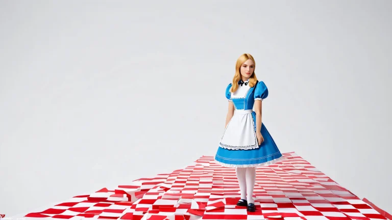 Breathtaking 4K desktop wallpaper of Alice from a fantasy world in red and white hues.