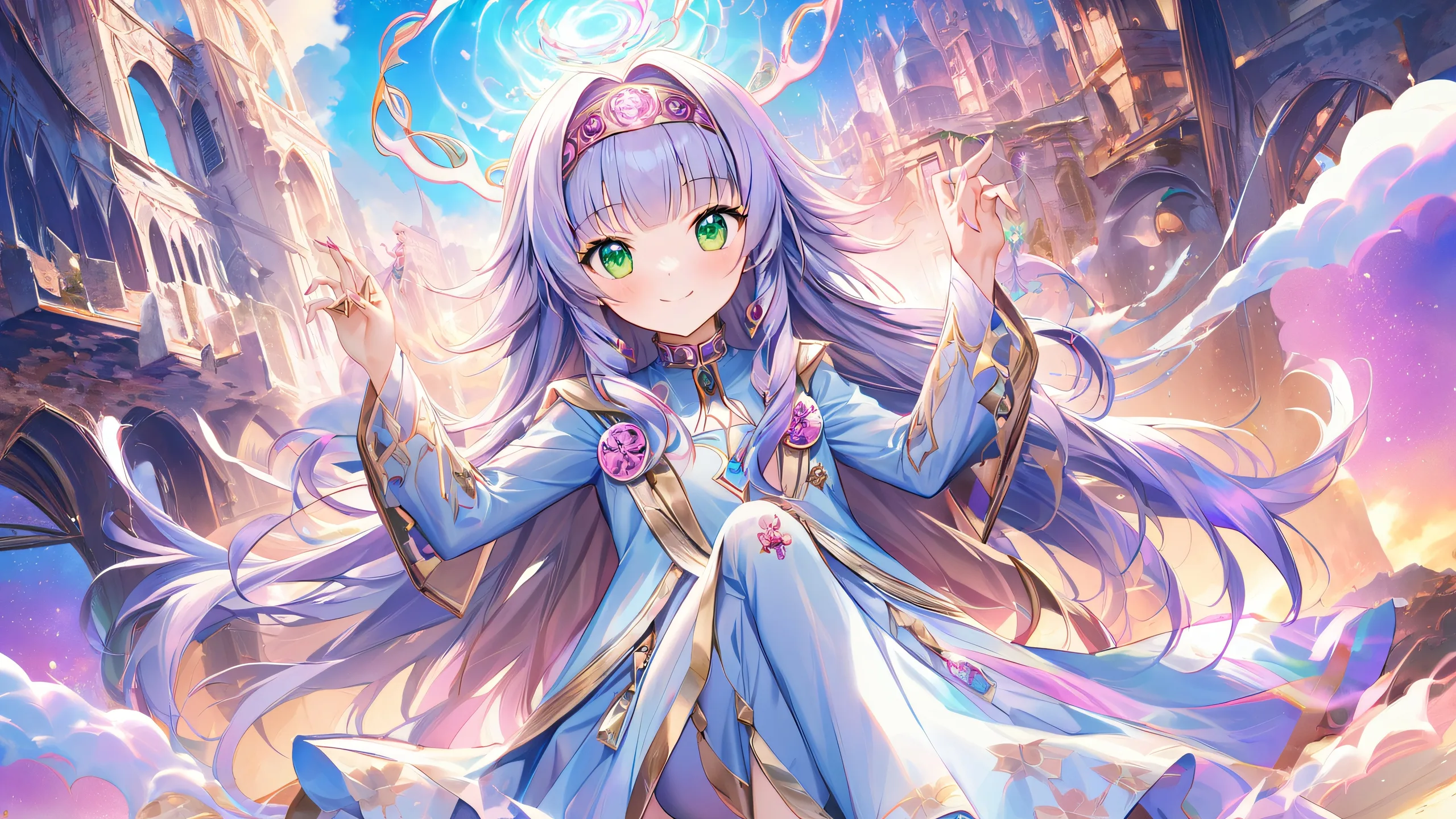 Aesthetic Mystic Aura Transcendence Background Alluka Zoldikov in a dynamic pose surrounded by swirling energy on a surreal, dreamlike background with misty fog and crumbling buildings for desktop/pc use