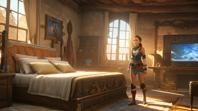 Aloy from Horizon Zero Dawn sitting on a bed surrounded by sunlight, with a warm and cozy atmosphere.