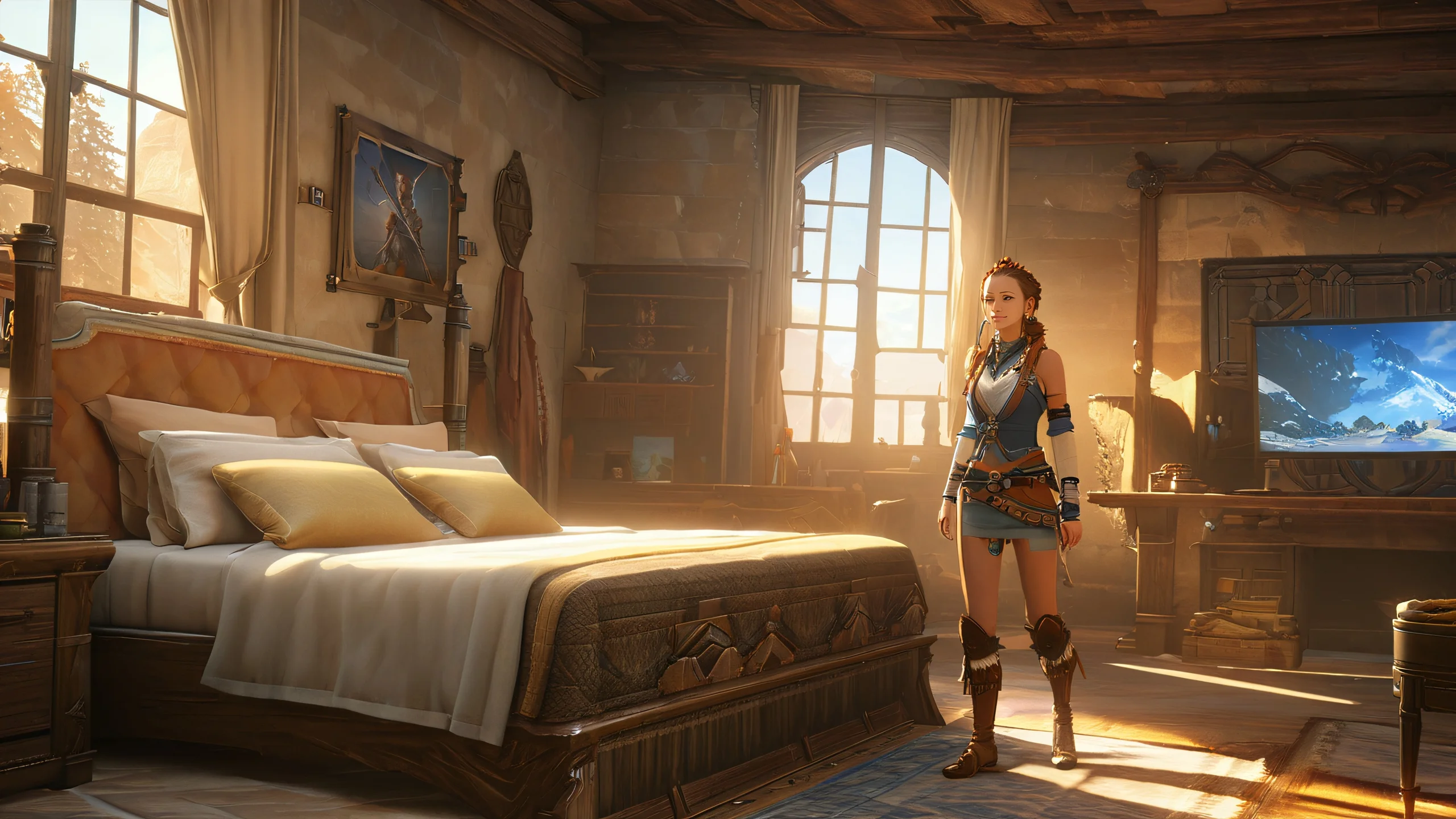 Aloy from Horizon Zero Dawn sitting on a bed surrounded by sunlight, with a warm and cozy atmosphere.