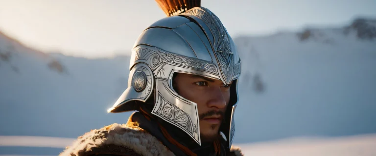 Breathtaking desktop wallpaper of Aloy's helmet with metallic details and sunlight reflection