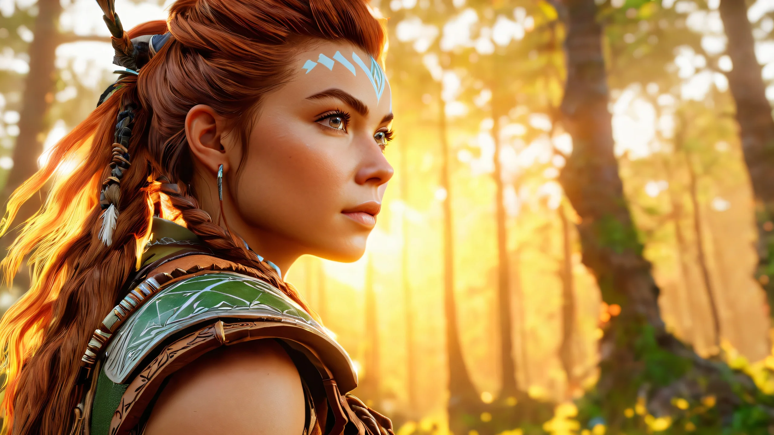 Aloy stands amidst a sunlit forest, surrounded by lush green and brown foliage, with the golden hour casting a warm glow.