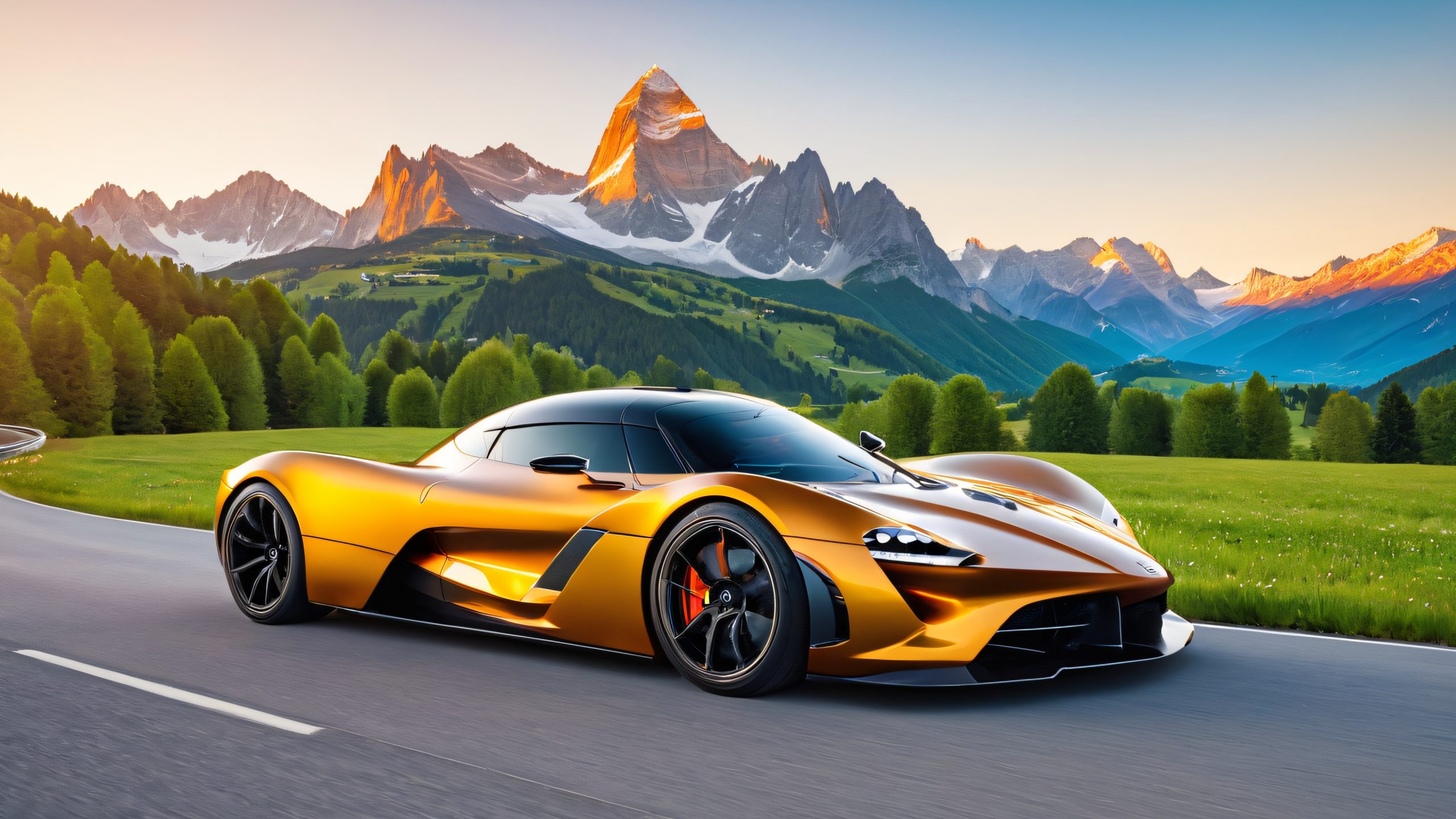 Sleek hypercar on a mountain road, desktop/pc wallpaper