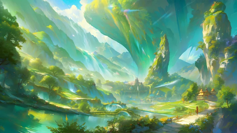 Concept art of an alpine valley at twilight with emerald-green and golden hues.