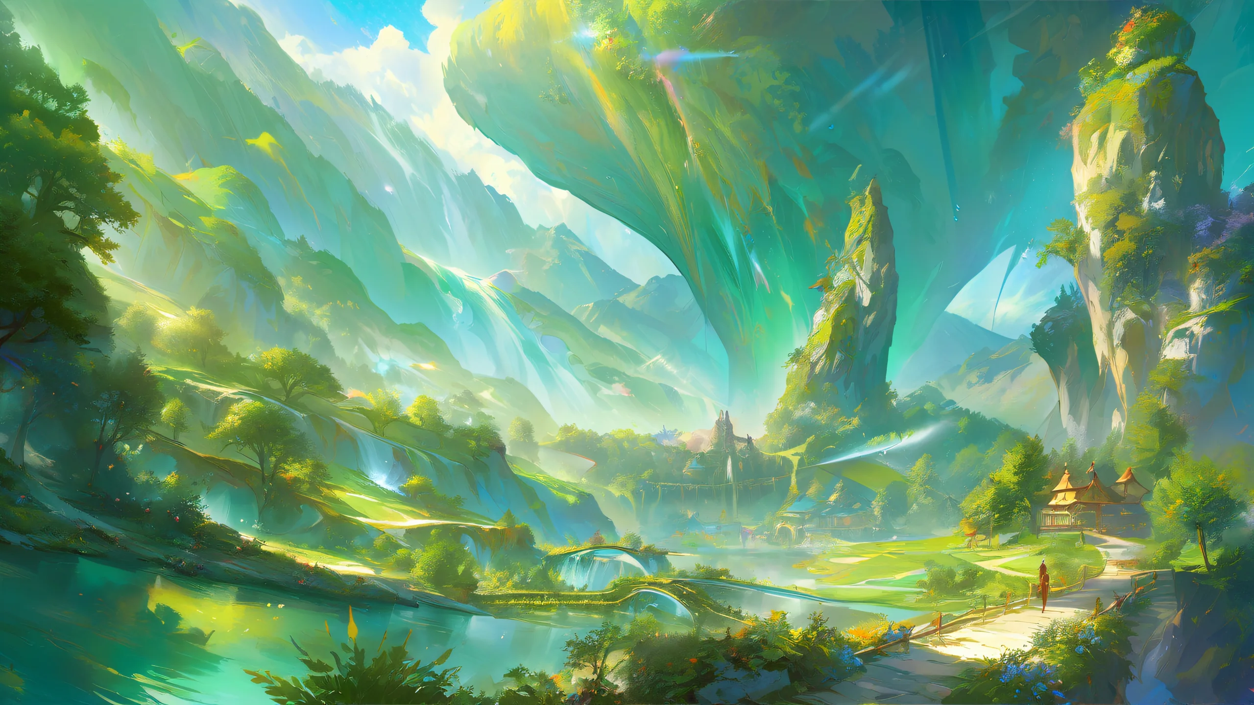 Alpine Valley Twilight 4K UHD Wallpaper Concept art of an alpine valley at twilight with emerald-green and golden hues.