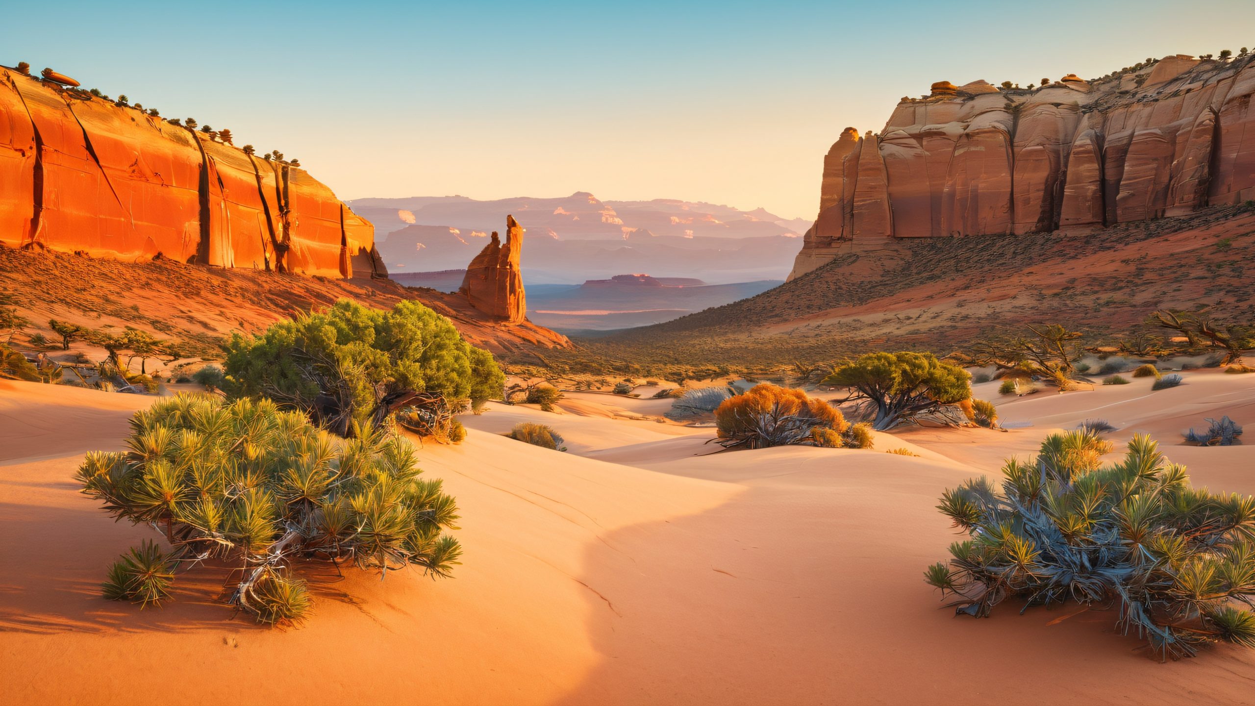4K Ancient Canyon Oasis Desktop Background Vintage shuttle bus emerges from dusty haze against rugged sandstone canyon walls with twisted rock formations and juniper trees. Desktop/PC
