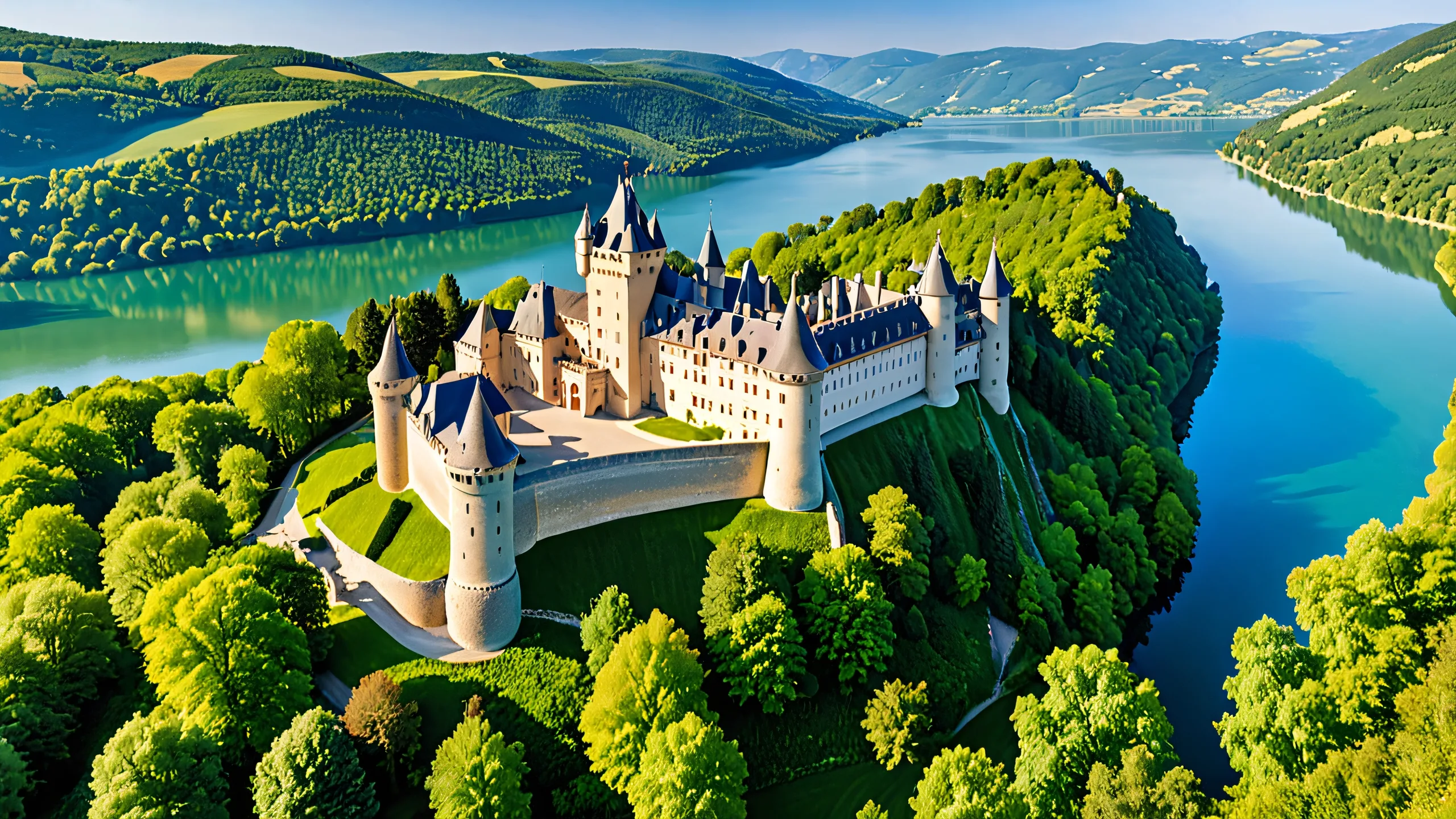 Aesthetic Ancient Castle Serenity Background A majestic medieval castle stands tall amidst rolling hills and lush forests on a serene French countryside desktop.