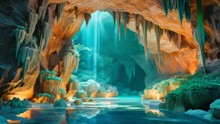 Breathtaking 4K desktop wallpaper of a sprawling cave system with towering limestone formations and vibrant greenery. Ideal for Desktop/PC screens.