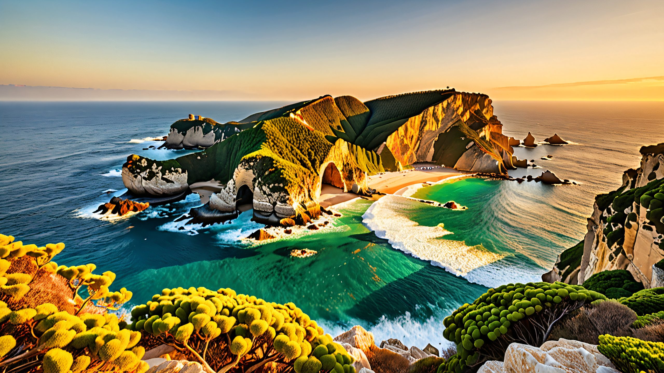 Ultra HD Ancient Coastline Tapestry Wallpaper A stunning desktop image of modular tree clusters on ancient rocky coastlines, precariously perched cliffs overlooking the turbulent ocean. For Desktop/PC use.