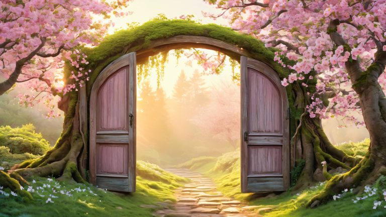 ancient doorway to whimsical cherry blossom forest scaled