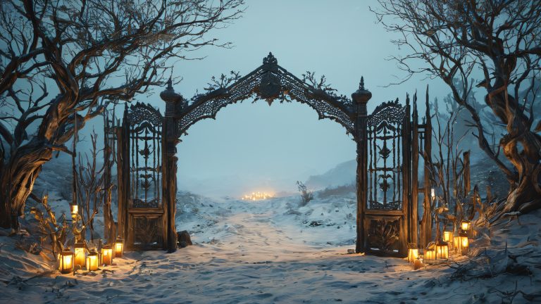 ancient gate twisted tree branches macabre creatures dark 4k wallpaper scaled