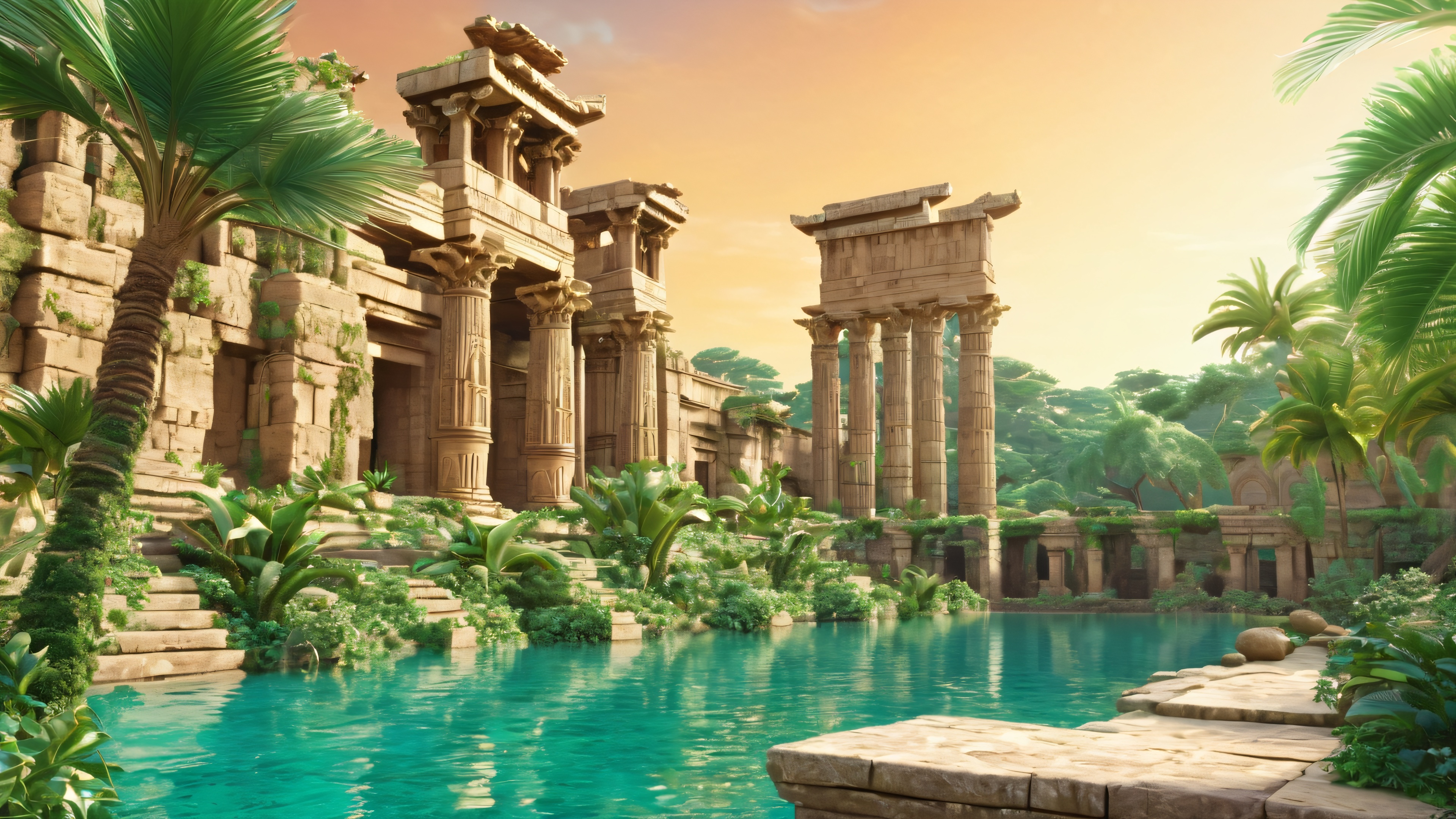 A serene and majestic oasis nestled within ancient city ruins, with turquoise waters, palm trees, and exotic flowers.