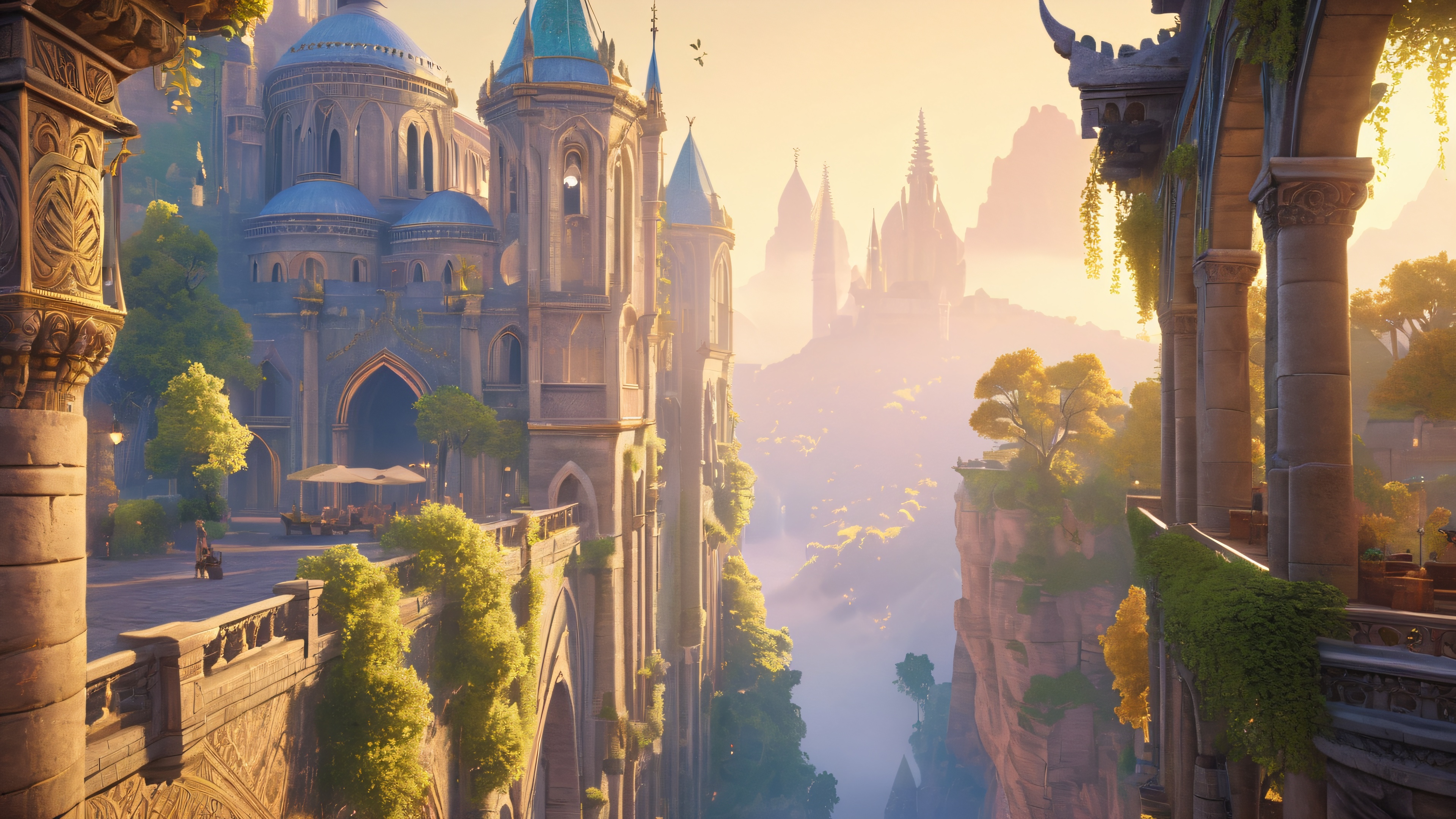 A mystical city of ancient architecture set against a shimmering iridescent mist, with a dense forest in the background
