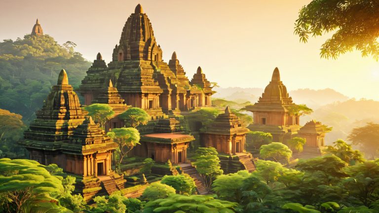 ancient temple complex 4k wallpaper golden light tropical foliage scaled