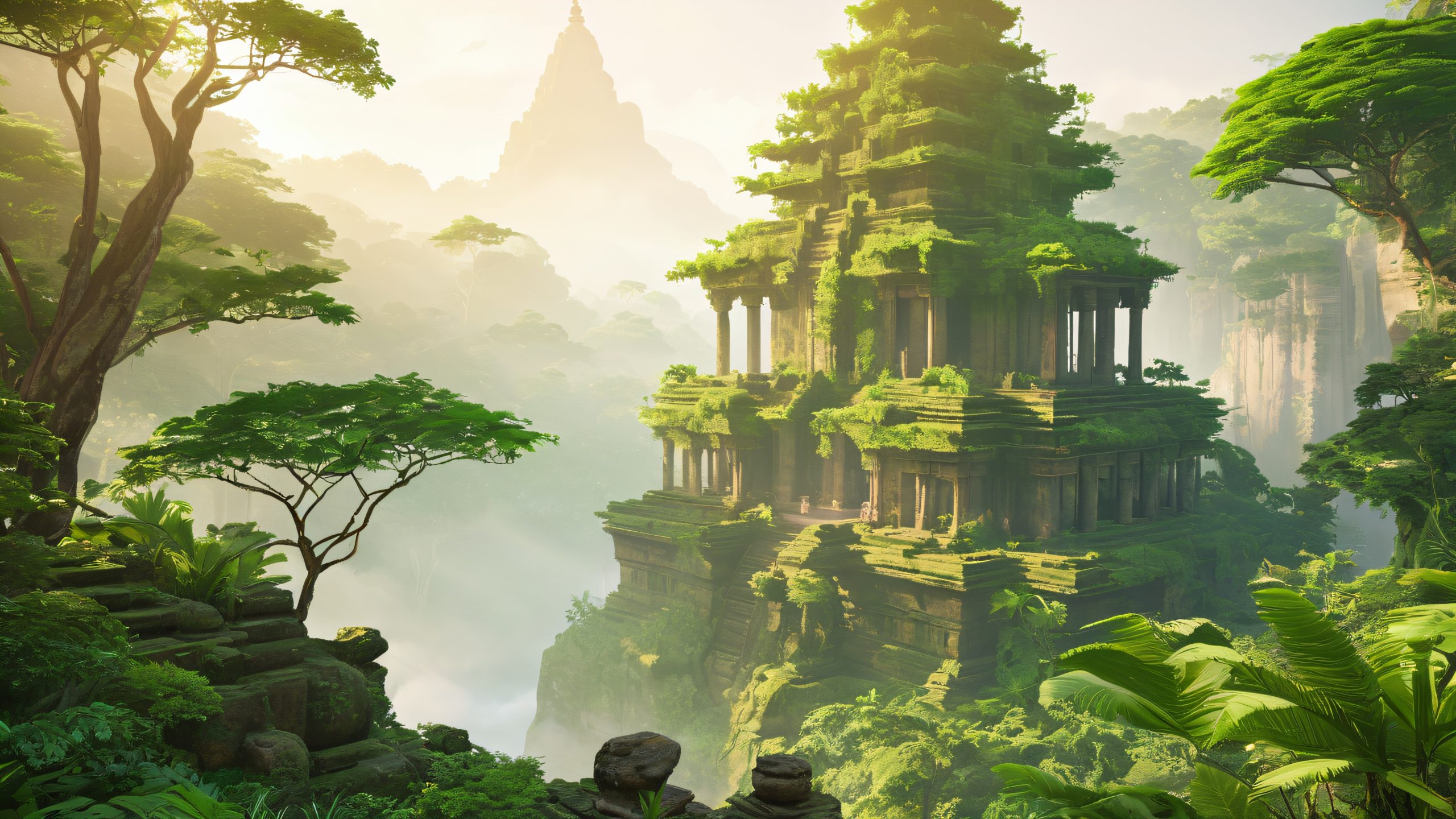 A lone explorer stands at the edge of an ancient temple complex in a dense jungle environment with lush vegetation and mysterious stone architecture. Desktop/PC.
