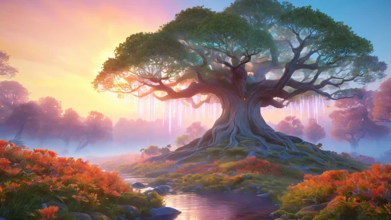 A mystical, dreamlike desktop wallpaper featuring an ancient tree with glowing roots and a crystal formation, surrounded by wispy clouds and shimmering ripples on a pre-dawn misty forest glade.