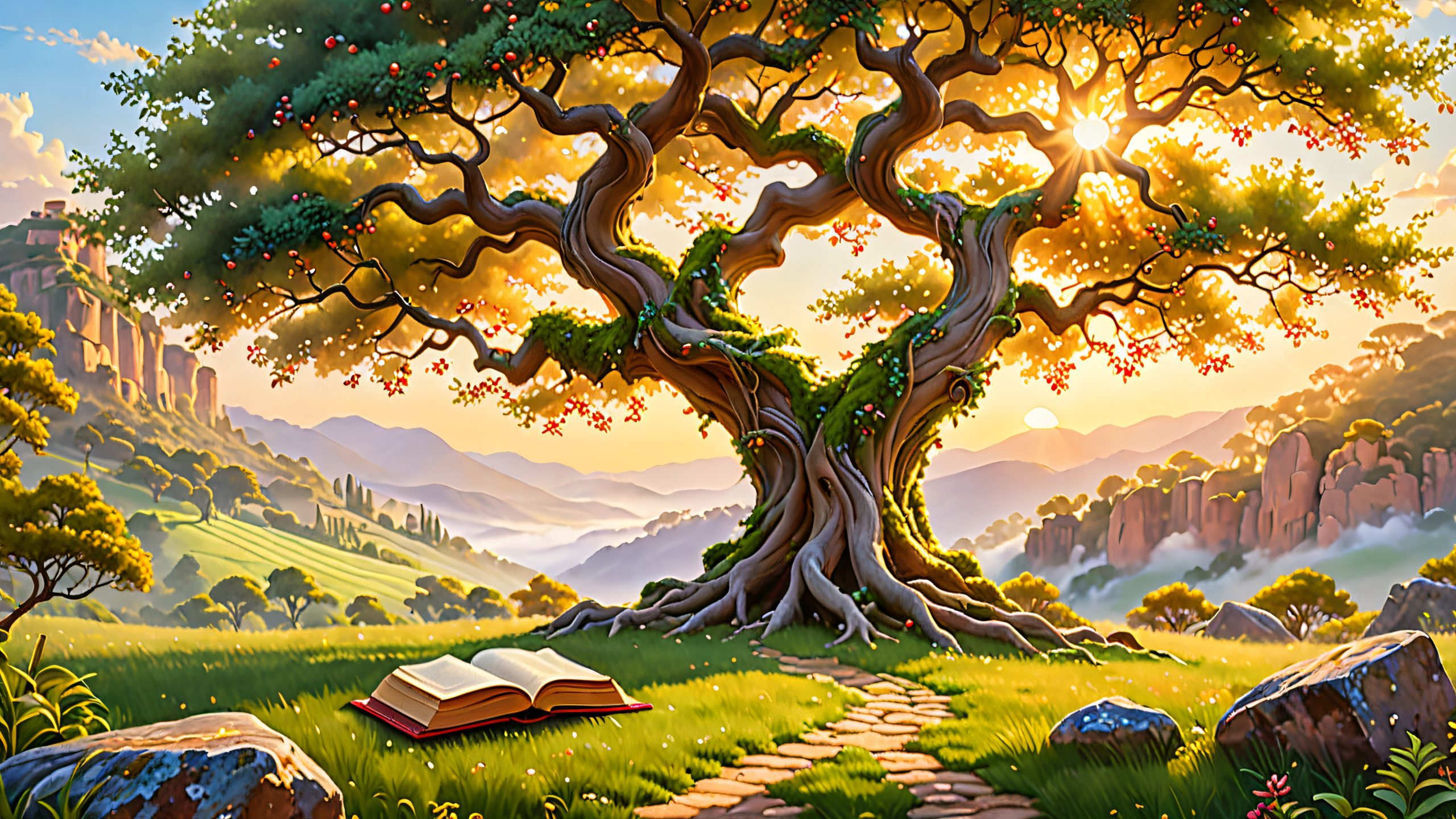 An ancient tree with twisted branches and roots, surrounded by lush vines, exotic fruits, and leather-bound tomes, on a desktop/pc