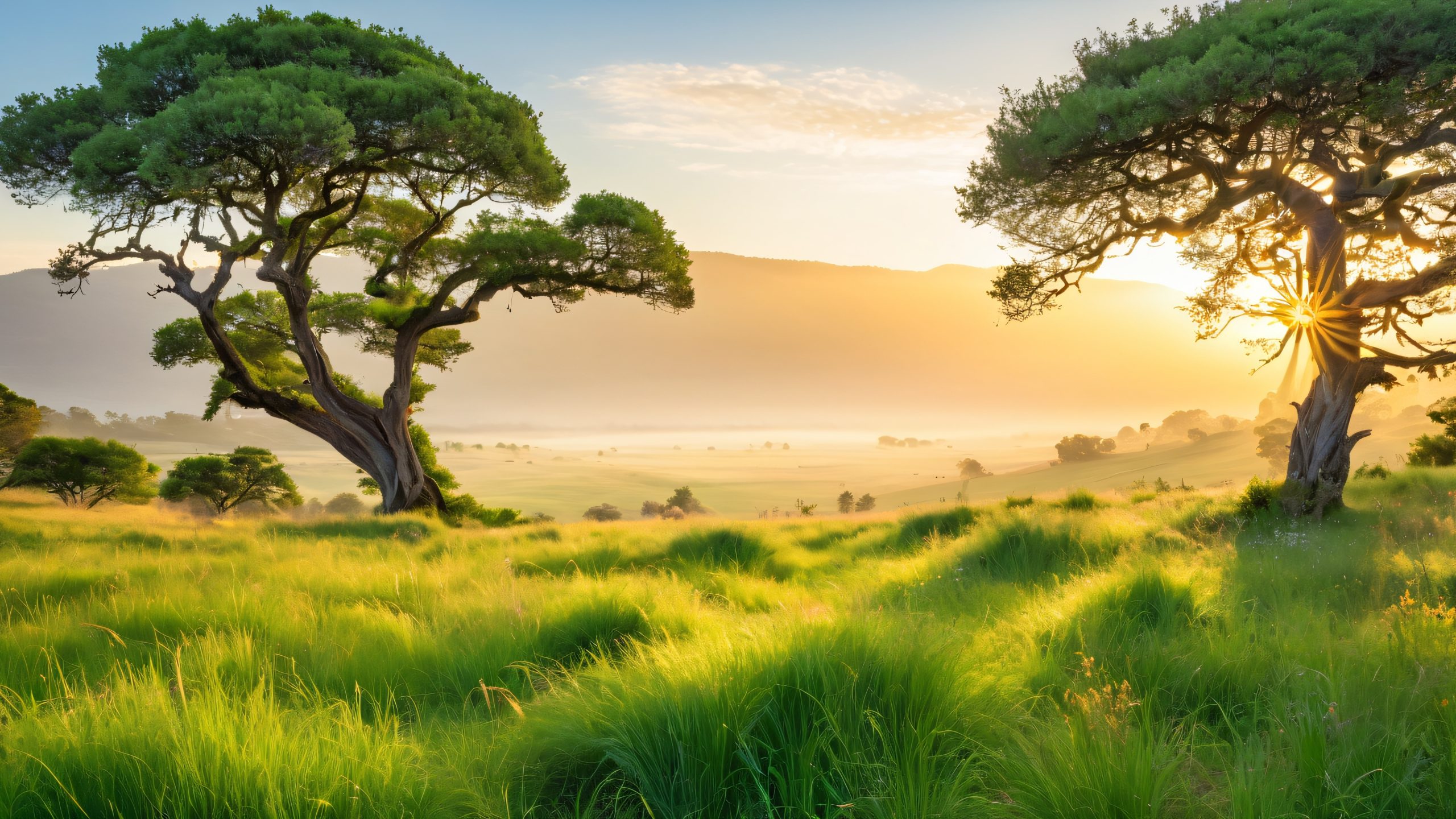 A serene meadow with ancient trees, lush green grass, and warm afternoon light.