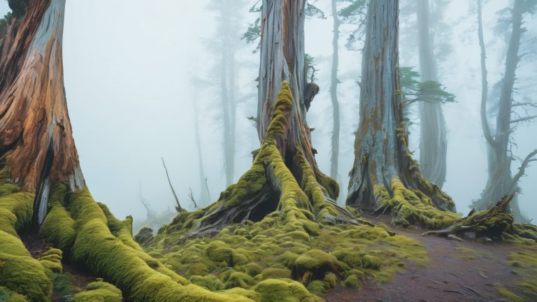 ancient tree trunks misty iridescent fog wallpaper scaled