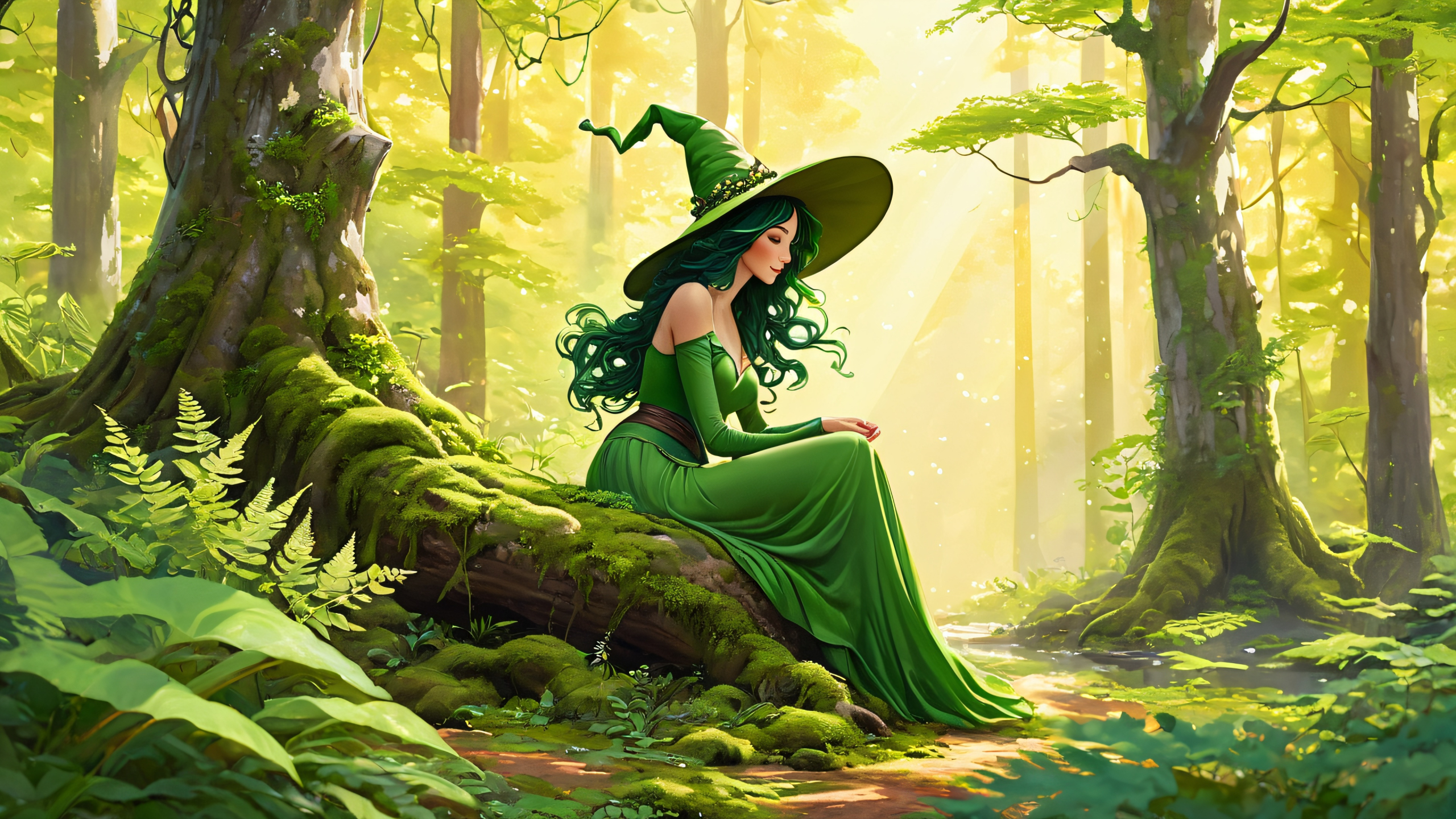 Ancient Wisdom in Emerald Shroud 4K UHD Widescreen A majestic green-skinned witch sits on a toadstool amidst a lush forest floor for desktop/pc use.