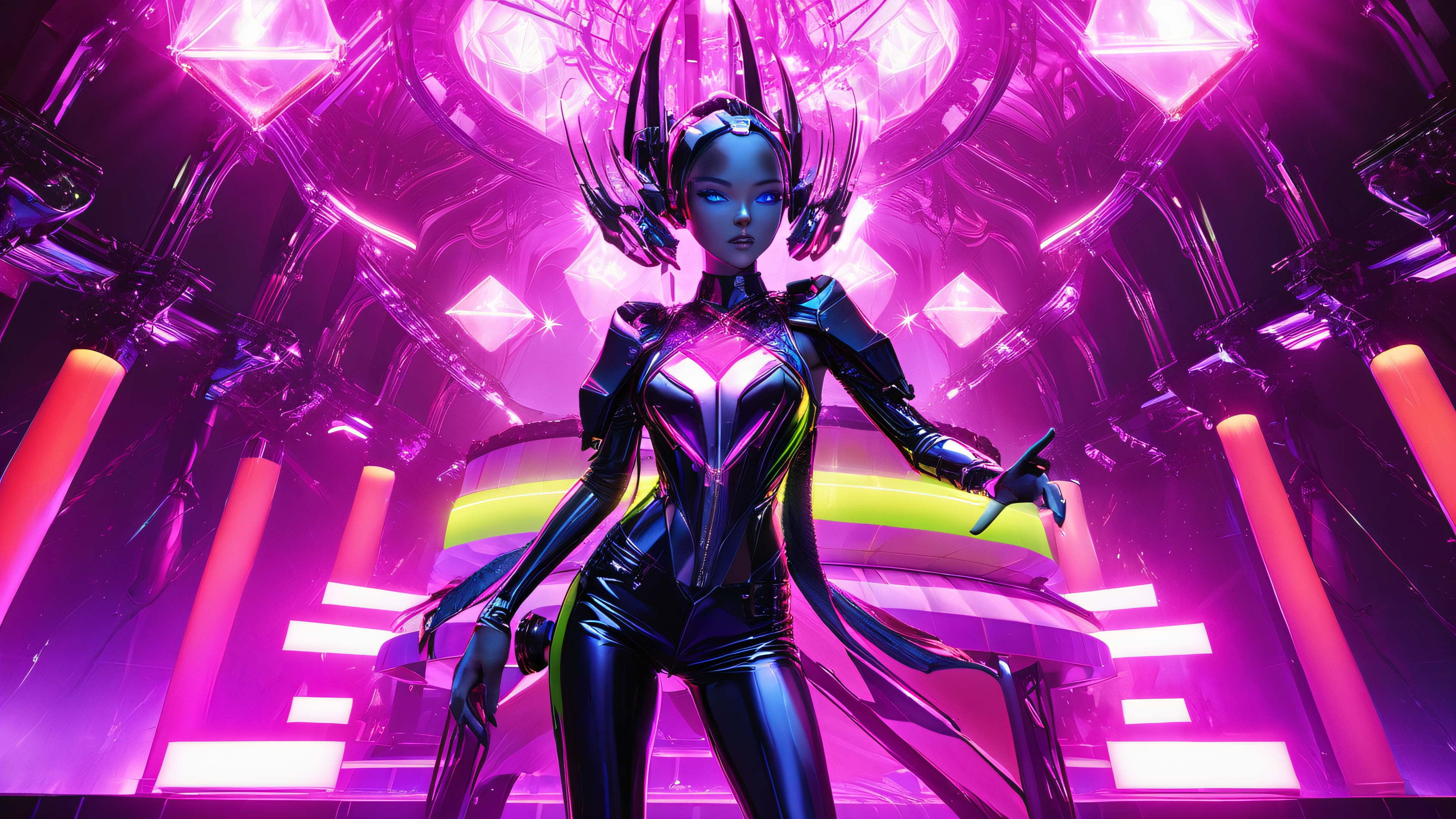 Futuristic android girl with a sassy attitude in a dimly lit nightclub, surrounded by cybernetic enhancements and neon lights.