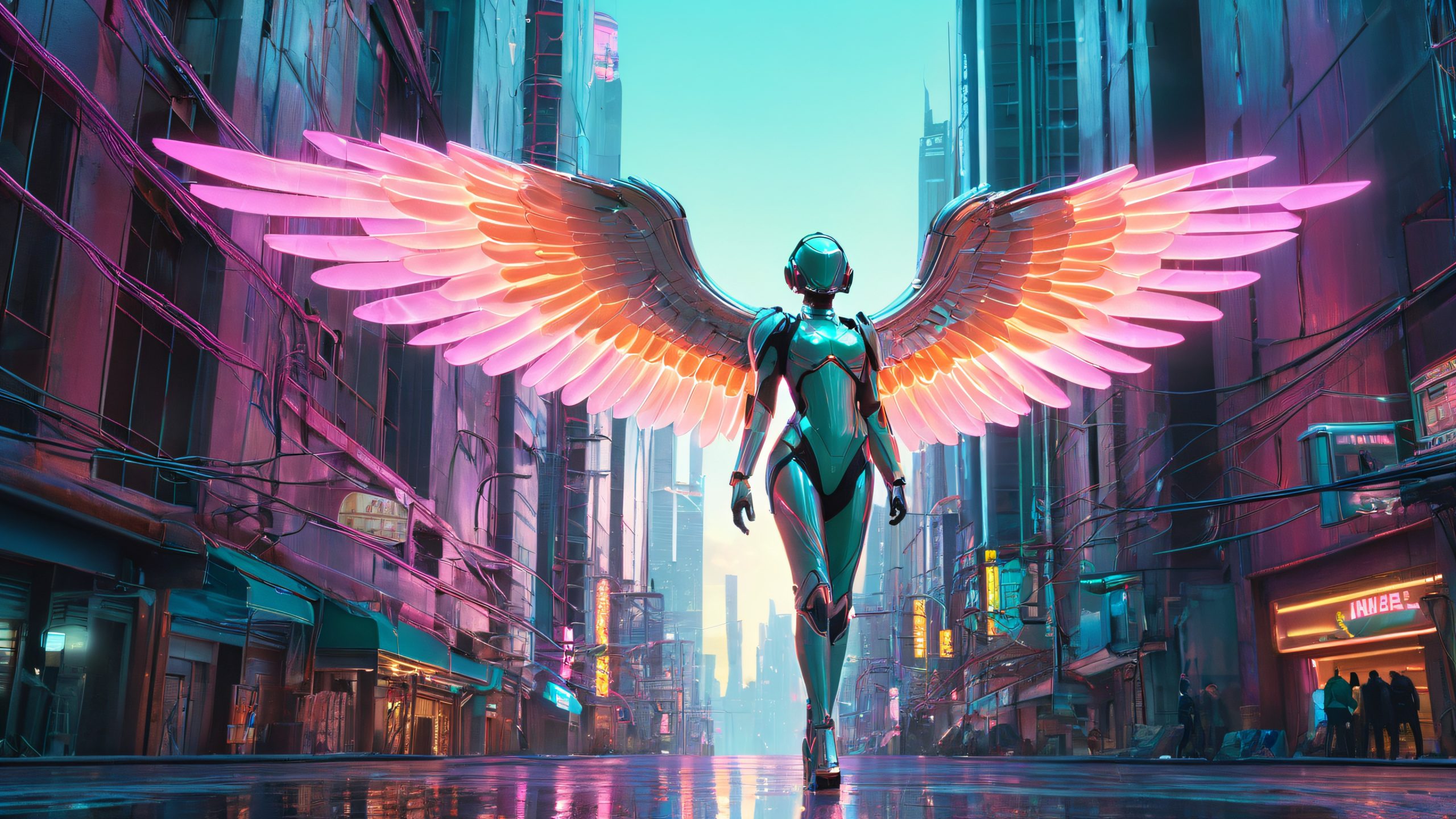 A lone angel stands amidst a post-apocalyptic cityscape with crumbling skyscrapers, neon cables, and desolate atmosphere. Desktop/PC