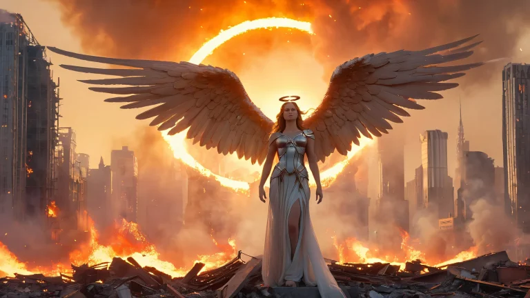 An angel stands atop a ruined cityscape at dusk, with a halo of fiery light. Suitable for desktop/PC backgrounds.