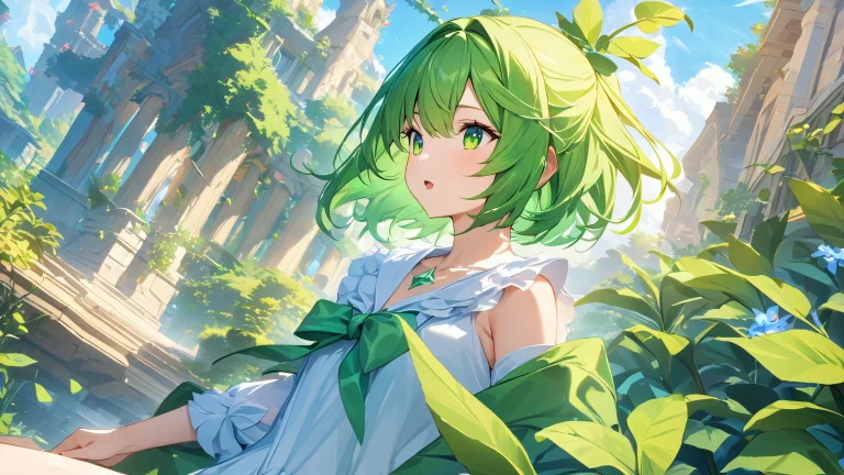 A stunning anime-inspired artwork featuring a beautiful girl in a green-themed environment.
