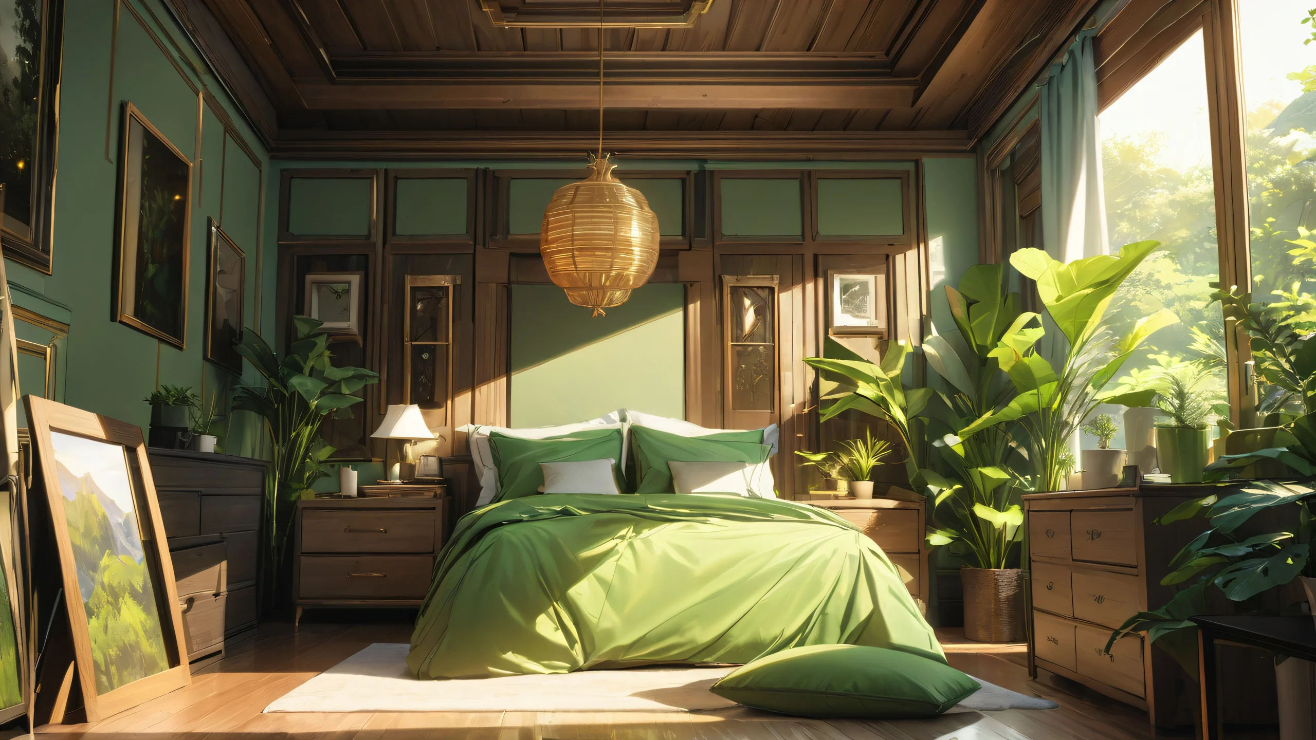 Cozy Anime Bedroom 4K UHD Widescreen A serene anime-style bedroom with soft green and yellow accents, perfect for a relaxing background.