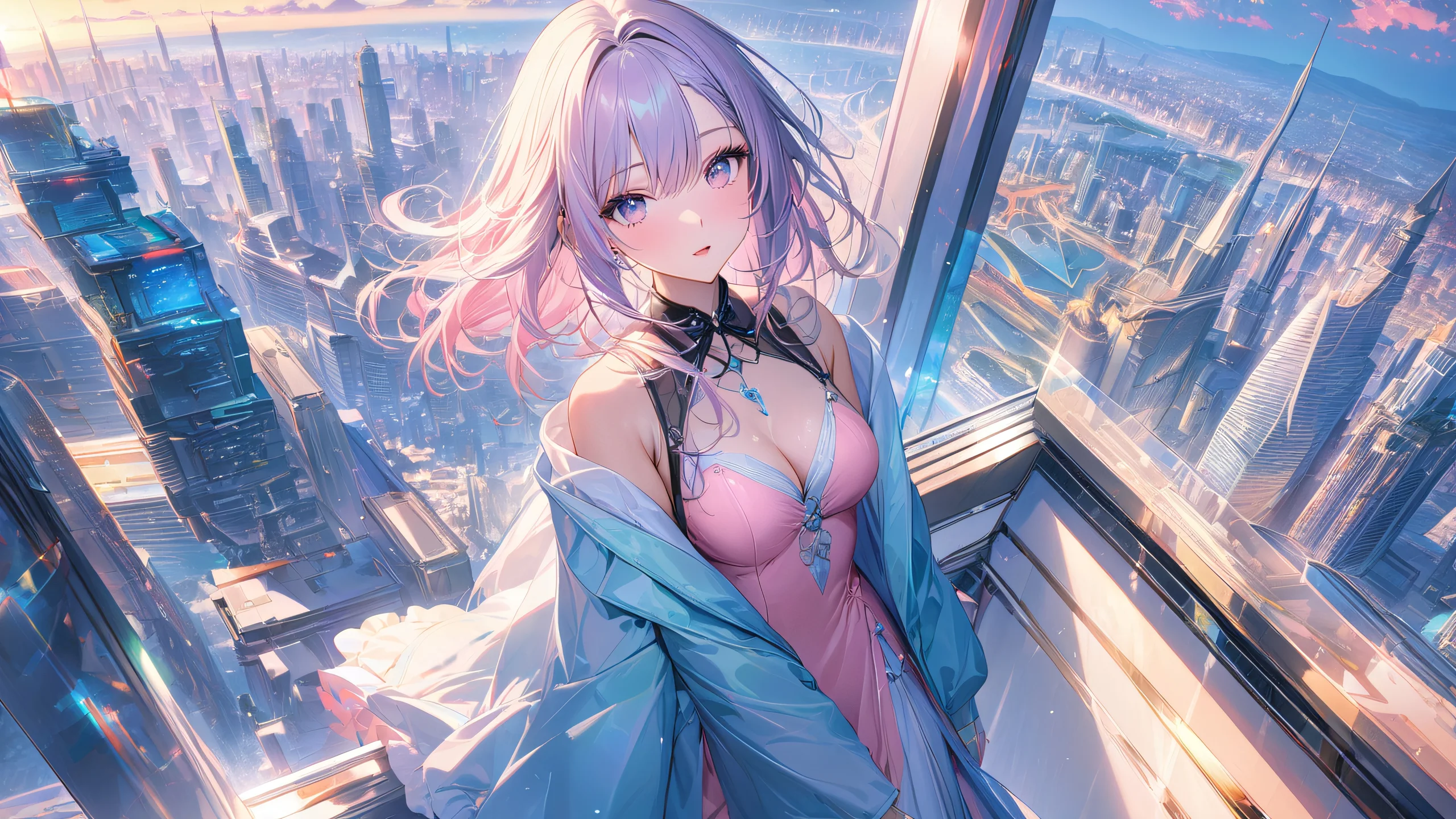 Aesthetic Anime City Girl Dreams Background A stunning anime-inspired cityscape with a beautiful girl in the center, surrounded by vibrant pastel colors and intricate details.
