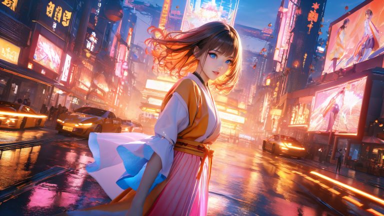 anime cityscape yellow kimono neon lights 4k wallpaper scaled