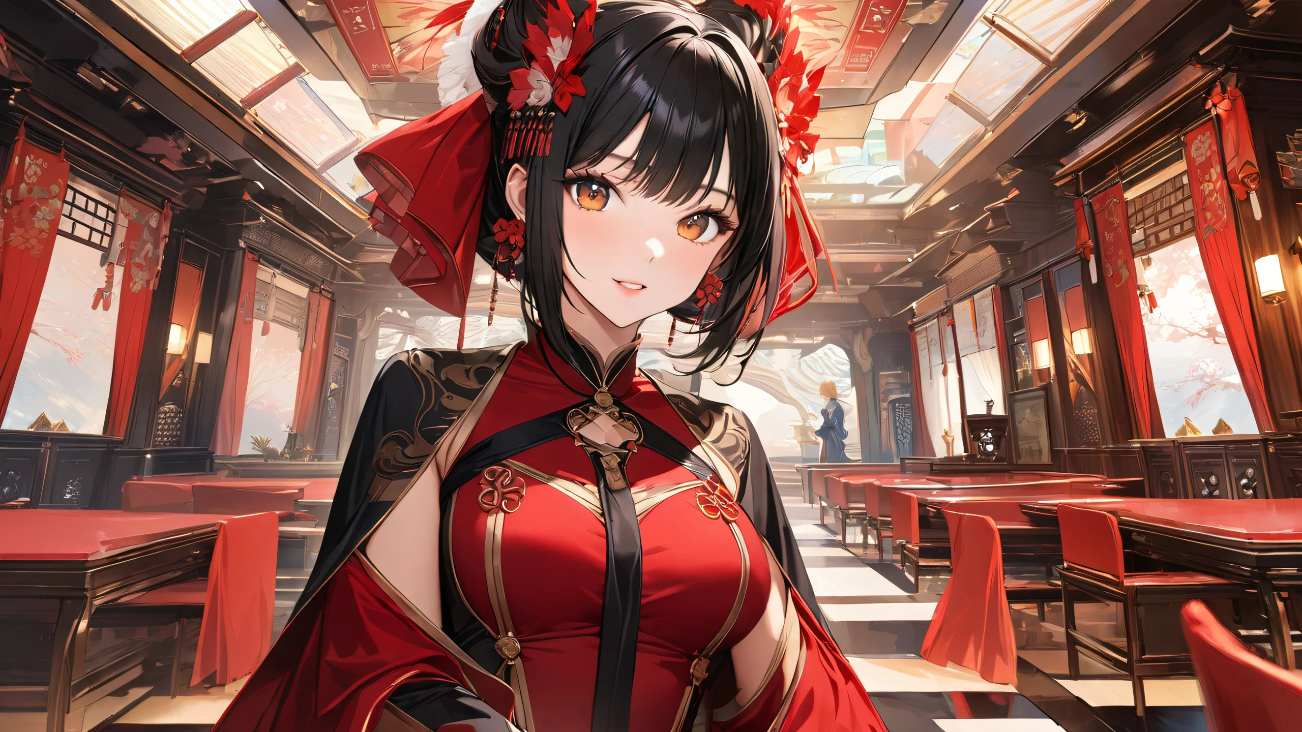 A stunning anime-inspired cosplay scene with a beautiful woman in a cozy indoor setting