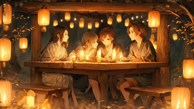 anime gathering at a rustic cabin wallpaper scaled