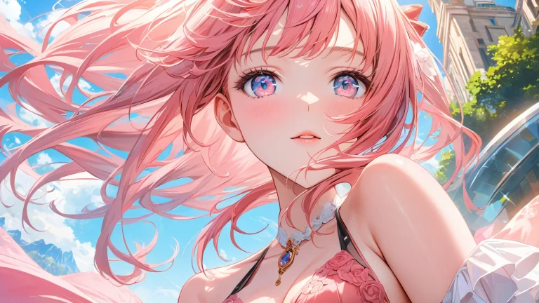 A beautiful anime girl with pink and brown hair, stunning white eyes, and a serene expression.