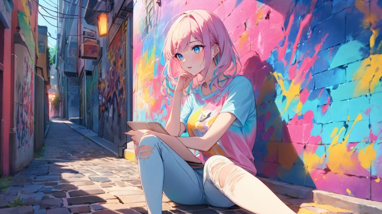 anime girl sketching vibrant alleyway 4k scaled