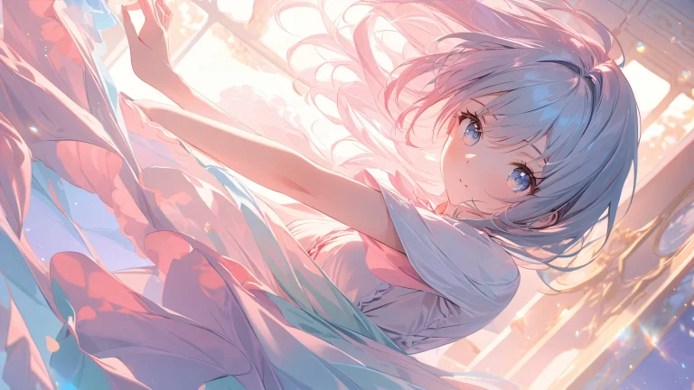A stunning anime-style illustration of a young woman with soft, glowing reflections and dramatic shadows.
